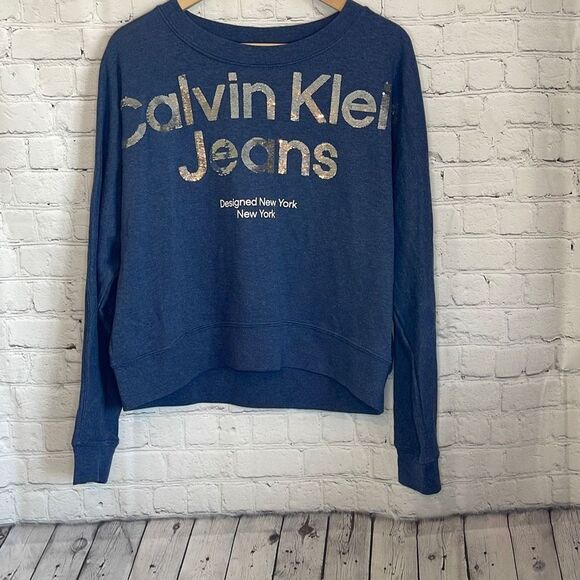 Calvin Klein Women’s Blue Oversized Sweatshirt Silver Sequin Logo size small - Picture 1 of 4